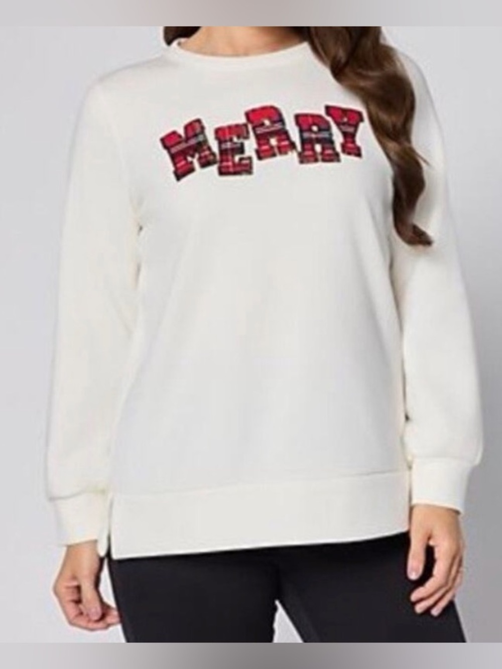 New Jingle Belles by Kim Gravel Totally Tartan Holiday Sweatshirt Cream X-Large - Picture 12 of 12